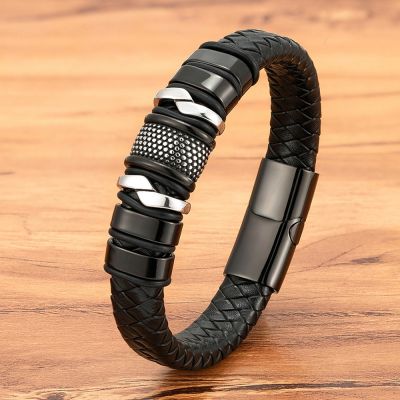 XQNI Fashion Braided Rope Wrap Black Leather Bracelets for Men Classic Style Stainless Steel Bangle Couple Charm Jewelry Gifts