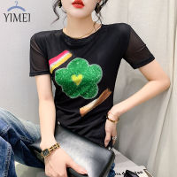 YIMEI เสื้อตาข่ายพิมพ์ลายสำหรับผู้หญิง,เสื้อคอกลมแขนสั้นพิมพ์ลายตาข่ายตำแหน่งใหม่ฤดูใบไม้ผลิ2023เสื้อยืดผู้หญิงแฟชั่นเข้ารูปพอดีย้อนยุค