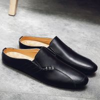 Half Slippers Men Shoes Leather Flats Mules Man Soft