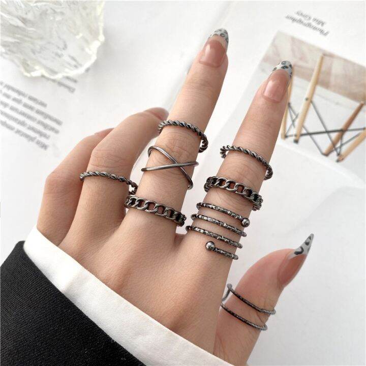 punk-gothic-butterfly-snake-chain-ring-set-for-women-black-dice-vintage-silver-plated-retro-rhinestone-charm-finger-jewelry