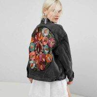 BF Denim Jacket Boho Oversized Multi Floral Embroidered Long Sleeve Casual Chic Cowboy Coat Women 2021 New Clothes