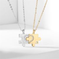 RAKOL 2pcs Creative Puzzle Design Splicing Necklace Light Luxury Zircon Love Couple Pendant Necklace Anniversary Party Jewelry