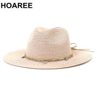 2021HOAREE Women Panama Hats Women Pink Summer Straw Hat Summer Straw Wide Brim Fedora Beach Holiday Ladies Sun Hat 56-58cm