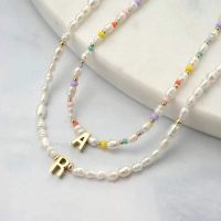 ❅✌  Colorful Beads Freshwater Necklace Fashion Design Custom A-Z Pendant Collar