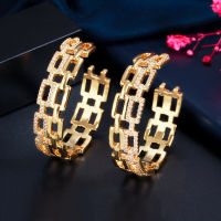 CWWZircons Trendy Cubic Zirconia Paved Yellow Gold Color Cuban Link Shape Round Big Hoop Earring for Women Hip Hop Jewelry CZ848