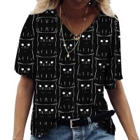 WomenS T-Shirt Summer V-Neck Tshirts Cartoon Cat Print WomenS Vintage Tshirt Short-Sleeved Tops Abstract Pullover Casual Shirt