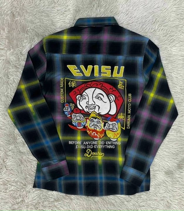 Áo sơ mi nam vải nỉ sọc caro 7 màu phối logo hoạ tiết EVISU ông ...