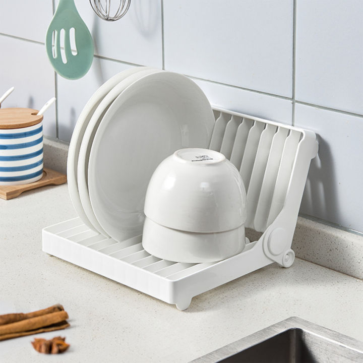ที่คว่ำจานพับเก็บได้อุปกรณ์ที่เก็บเครื่องครัวจานราวตากสีขาวชั้นวางในตู้เย็น