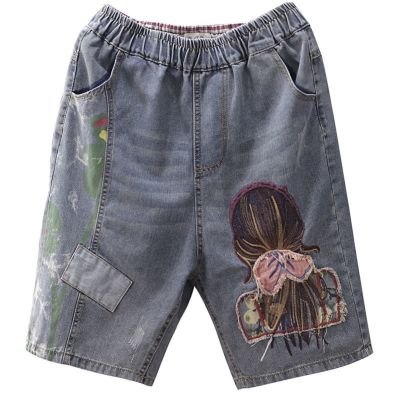 【มีไซส์ใหญ่】Plus Size Womens Knee Length Shorts Casual Elastic Waist Cute Girl Embroidery Vintage Summer Denim Shorts