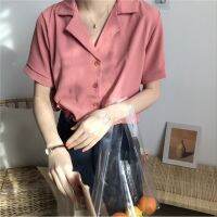 Korean Version Classy Chiffon Half-Sleeved Shirt Summer Solid Color Simple Top All-Match Loose V-Neck Girl Must-Have Girlfriends Womens Clothing Genu