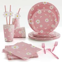 【CW】☸✎✘  Theme Birthday Pink Petals Disposable Tableware Paper Plate Hat Baby Shower Decoration