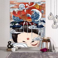 Japanese Kanagawa Waves Printed Hanging Tapestry Whale Arowana Deer Snake Totem Wall Hanging Tapestries Boho Bedspread Blanket