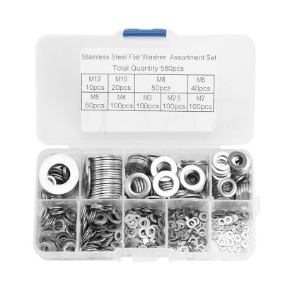 304 Stainless Steel Flat Washer Set 580 Pieces, 9 Sizes-M2 M2.5 M3 M4 M5 M6 M8 M10 M12 Suitable for Home Decoration
