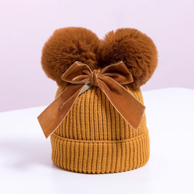 Ball Bow Knot Cute Knitting Baby Infant Hat Multi-function Autumn and Winter Thicken Warmth Cap Newborn Boy Accessories