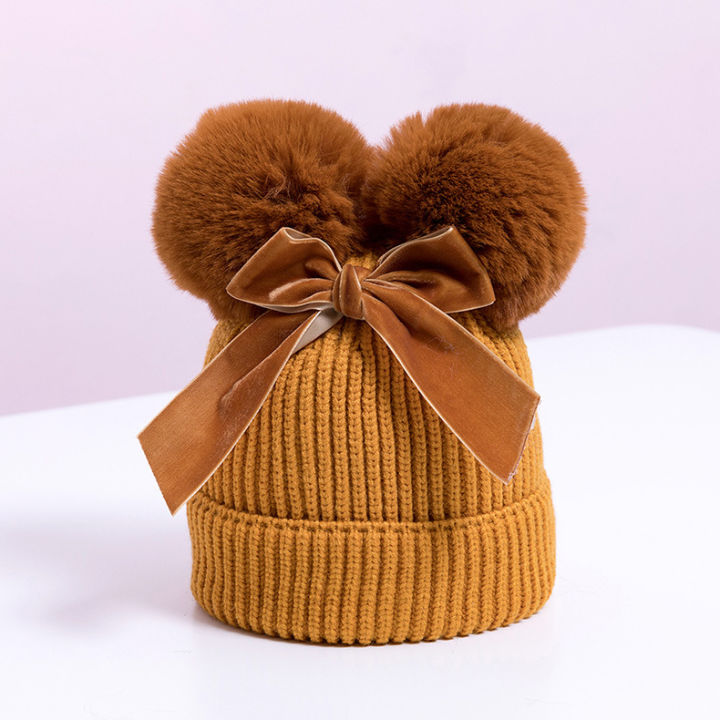 ball-bow-knot-cute-knitting-baby-infant-hat-multi-function-autumn-and-winter-thicken-warmth-cap-newborn-boy-accessories