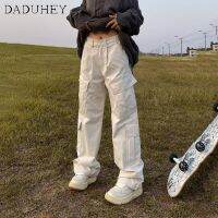 ⋌Daduhey ผู้หญิงใหม่สไตล์อเมริกัน INS หลายกระเป๋าหลวมเอวสูงหลวมกางเกงลำลองซอกกางเกงคาร์โก้