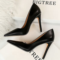 BIGTREE รองเท้า Rivet ผู้หญิงปั๊ม2023รองเท้าส้นสูงใหม่ Stiletto Pu หนังผู้หญิงรองเท้าส้นสูงเซ็กซี่รองเท้าปาร์ตี้หญิงส้น Plus ขนาด43