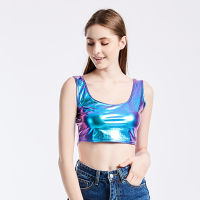 Shiny Women Metallic Rave Dance Festival Club Crop Tank Tops เสื้อกั๊กสั้นฤดูร้อนแขนกุด Scoop คอสะท้อนแสง Holographic Top