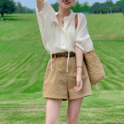 French Tencel Short-Sleeved Shirt Womens Summer Thin Puff Sleeve Half-Sleeved Ice Silk Shirt Chic Top Design Sense Niche