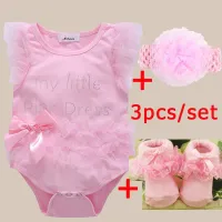 Ready Stock Baby Rompers +Socks +Headband 3pcs Set Baby Girl Onesie Clothes Lace Short Sleeve Newborn Infant Jumpsuits Set