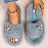 Women Home Slippers Fluffy Slides Bling Butterfly Decor Faux Fur Flip Flops Platform Sandals Indoor Slippers Winter Warm Shoes