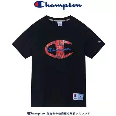 Championn เสื้อยืดแขนสั้นแบบปักผ้าฝ้ายคอกลมแท้สำหรับคู่รักฤดูใบไม้ผลิ/ฤดูร้อนชุดลำลองแบบครึ่งแขนแฟชั่นแขนสั้นมียี่ห้อ