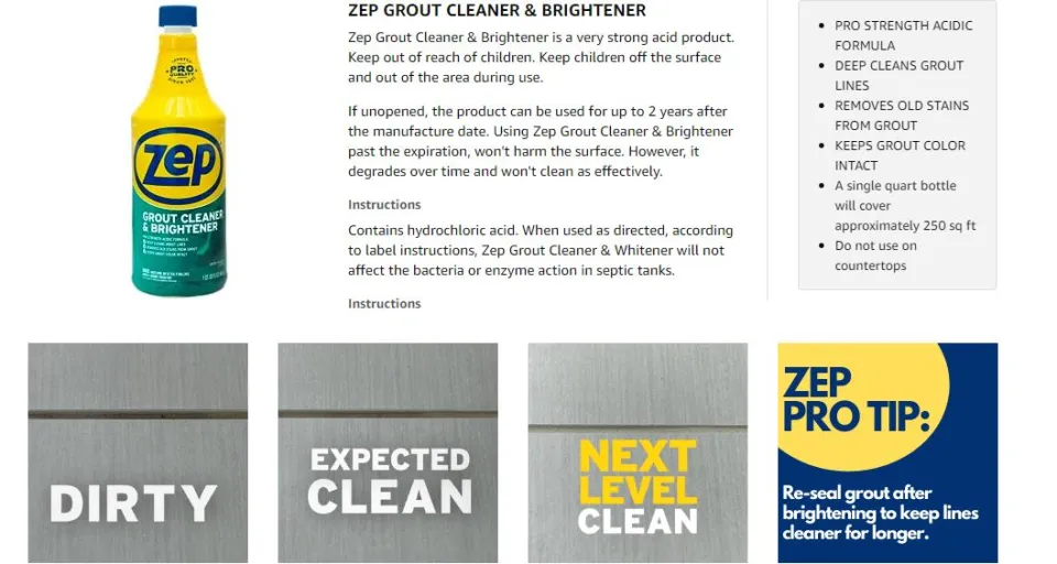 Zep Grout Cleaner and Brightener - 32 oz (Case of 2) - ZU104632 - Deep  Cleaning Formula Removes Old Stains From Grout