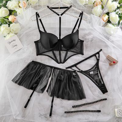 2023 Korean Halter Soft Mesh Bra Set Women Gothic Garter Sexy Lingerie Set Black Panty Underwear Set