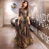 Robe De Soiree Evening Dress 2020 Gold Sequined Crystal O-Neck Black Floor-length Dinner Gowns LF405