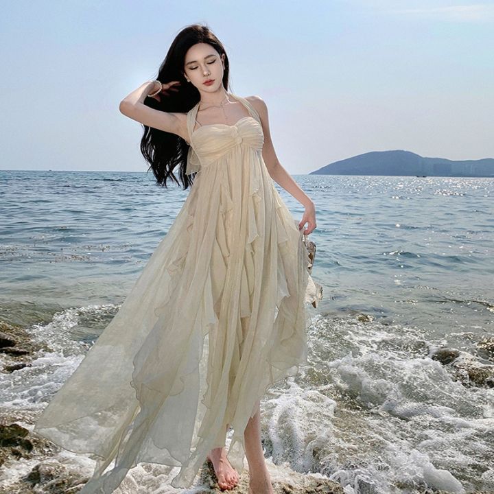 goddess-of-her-tears-hanging-neck-super-fairy-pearl-french-dress-sleeveless-dress-beach-holiday