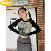 Wintin R printed contrast color round neck long-sleeved T-shirt womens autumn hot girls short navel bottoming shirt top