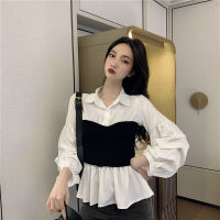 Fake Two-Piece Design Sense Niche Shirt Womens Spring 2023 New Waist-Controlled Long Sleeves Chic Hong Kong Style Retro Top