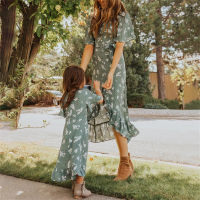 PopReal Mom And Daughter Dress Print Chiffon Belt Elegant Family Matching Clothes Girl Mini Dress Mother And Daughter Outfits