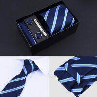 เนคไท เน็คไท พร้อมกล่อง Box Custom Mariage Ties Hankie Cufflinks Sets Neckwear Paisley Cravats Striped Necktie for Men - 1 Set มี 5 ชิ้น