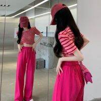 Fashion suits female dragon fruit color of tall waist leisure wide-legged p时尚套装女火龙果色高腰休闲阔腿裤条纹T恤长裤两件套T818z