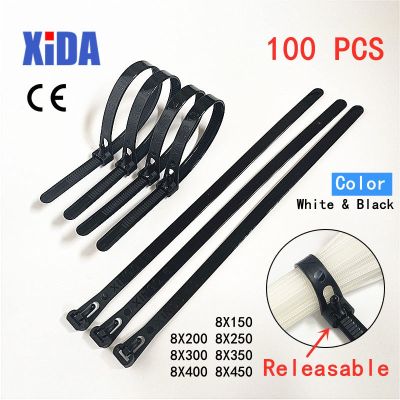Black Releasable Nylon Cable Ties May Loose Slipknot Tie Reusable Packaging Plastic Zip Tie Wrap Strap 8x150/200/250/300/400/450