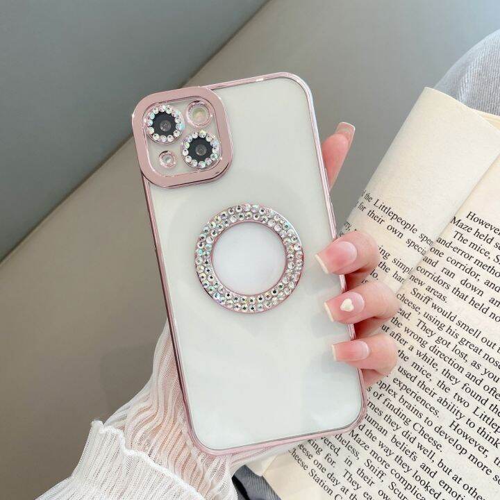 เคสโทรศัพท์โปร่งใสแวววาวหรูหราพลอยเทียมใหม่สำหรับ-iphone-11-12-13-pro-max-x-xr-xs-กันกระแทกเลนส์กล้องถ่ายรูปทองเคสโทรศัพท์ด้านหลัง