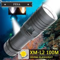 FESA ไฟฉายดำน้ำ IPX8กันน้ำ XM-L2สีเหลืองสีขาว LED ดำน้ำคบเพลิงใต้น้ำ80เมตรโคมไฟตั้งแคมป์ใช้แบตเตอรี่26650 18650