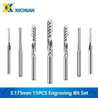 เครื่องตัดมิลลิ่งก้าน 3.175 มม. CNC Router Bits 15pcs Carbide End Mill Engraving Bits Set สําหรับงานไม้อะคริลิคตัด