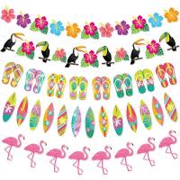 Hawaiian Party Decoration Flamingo Flower Slippers Flag Banner Decorative Banners For Summer Seaside Birthday Carnival Parties
