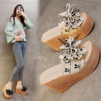 34-43 Outerwear plus Size Slippers 2022 Summer New Platform Wedge Bow Slippers Womens Shoes