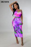 [hot]∏  CM.YAYA 2022 Tie Dye Womem Bodycon Bandage Spaghetti Skew Neck Sleeveless