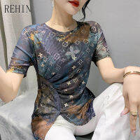 REHIN Women S Top 2022ฤดูร้อนใหม่รอบคอแขนสั้นเสื้อยืดสไตล์ยุโรป Slim-Fit การพิมพ์เสื้อ