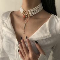 2021 New Fashion Retro Imitation Pearl Beaded Necklace Womens Red Square Rhinestone Multilayer Necklace Jewelry Accessories