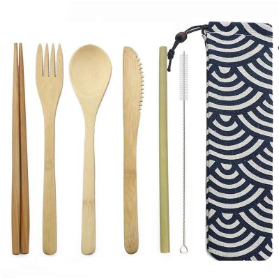 Eco-Friendly Wooden Dinnerware Set Portable Travel Tableware Set Bamboo Cutlery Set  Wooden Outdoor Utensils With Pouch Flatware Sets