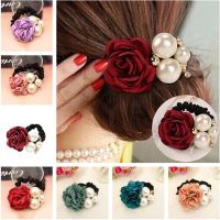 Satin Ribbon Rose Flower Pearls Hairband Ponytail Holder