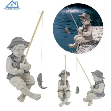 Fisherman Ornament Man Statue Sitting Fishing Figurines Unique Light Gray  Old Man Fishing Statues for Rock Garden Ecological Fish Tank Micro Landscape