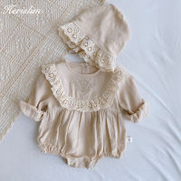 Baby Beige Lace Princess Romper Spring Autumn Retro Girls Embroidery Clothes Cotton Infant Outfits 2pcs Set Romper With Hats