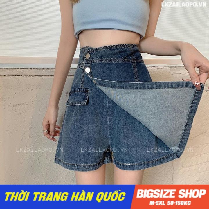 Quần short jean giả váy demi chân váy jean nữ lưng cao dành cho nữ thiết  kế đắp chéo phối túi 2 bên cá tính  cv017