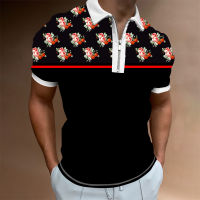 floral Summer Chic Plaid Casual Men Short Sleeve Polo Shirts Patchwork Turn-Down Collar Zipper Design Men Print Tops Pullovers